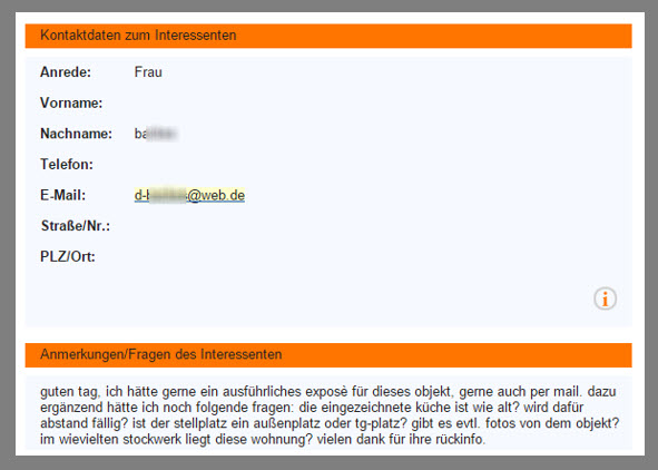 Kontaktformular eines Immobilienportales