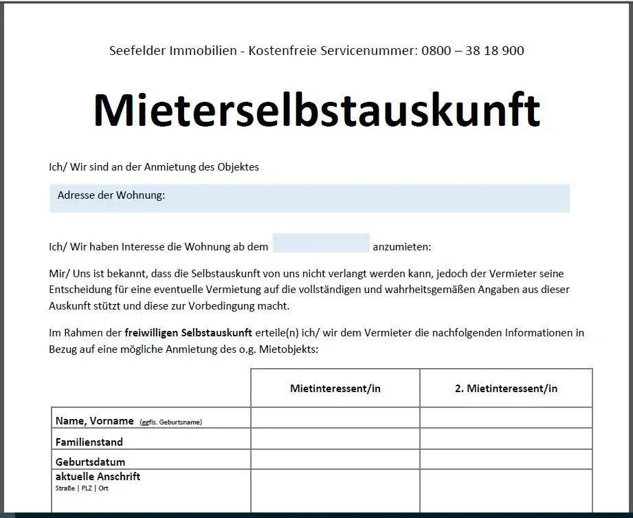 Mieterselbstauskunft Vorlage Word