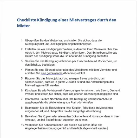 Checkliste Kündigung des Mietvertrages durch den Mieter