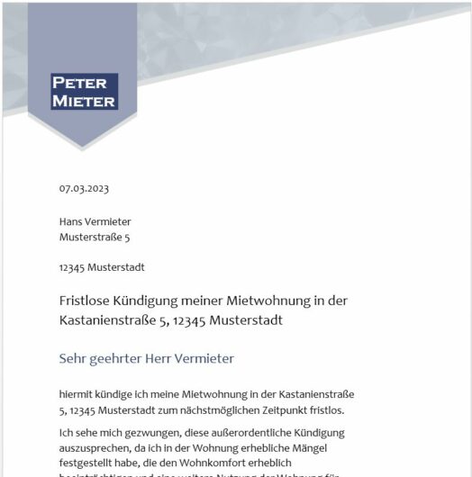 Muster Vorlage Fristlose Kündigung einer Mietwohnung durch den Mieter