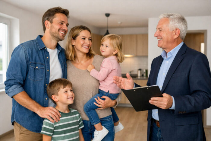 Eine Familie mit einem Makler bei der Wohnungsbesichtigung